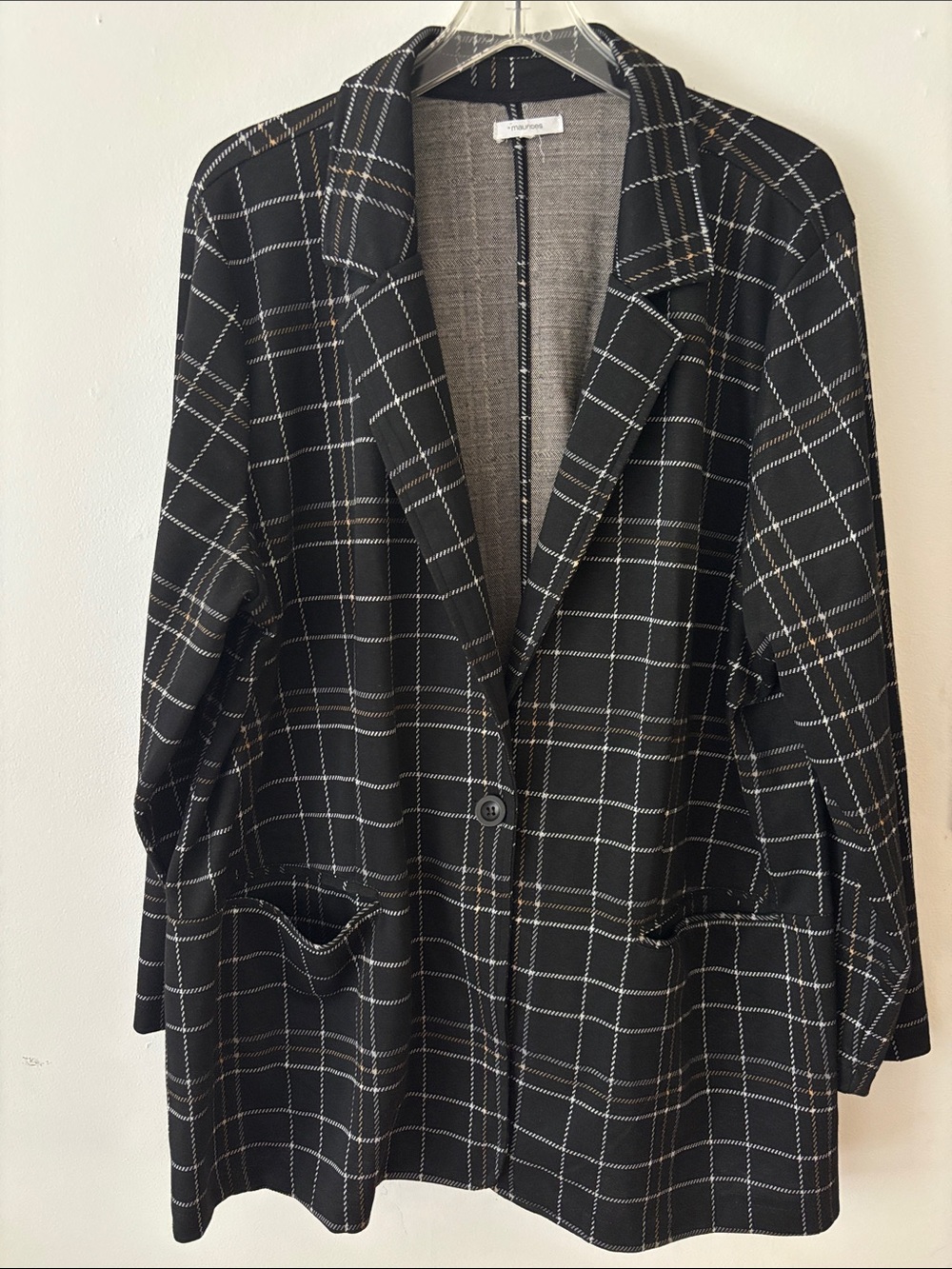 Maurices black white tan single button long blazer